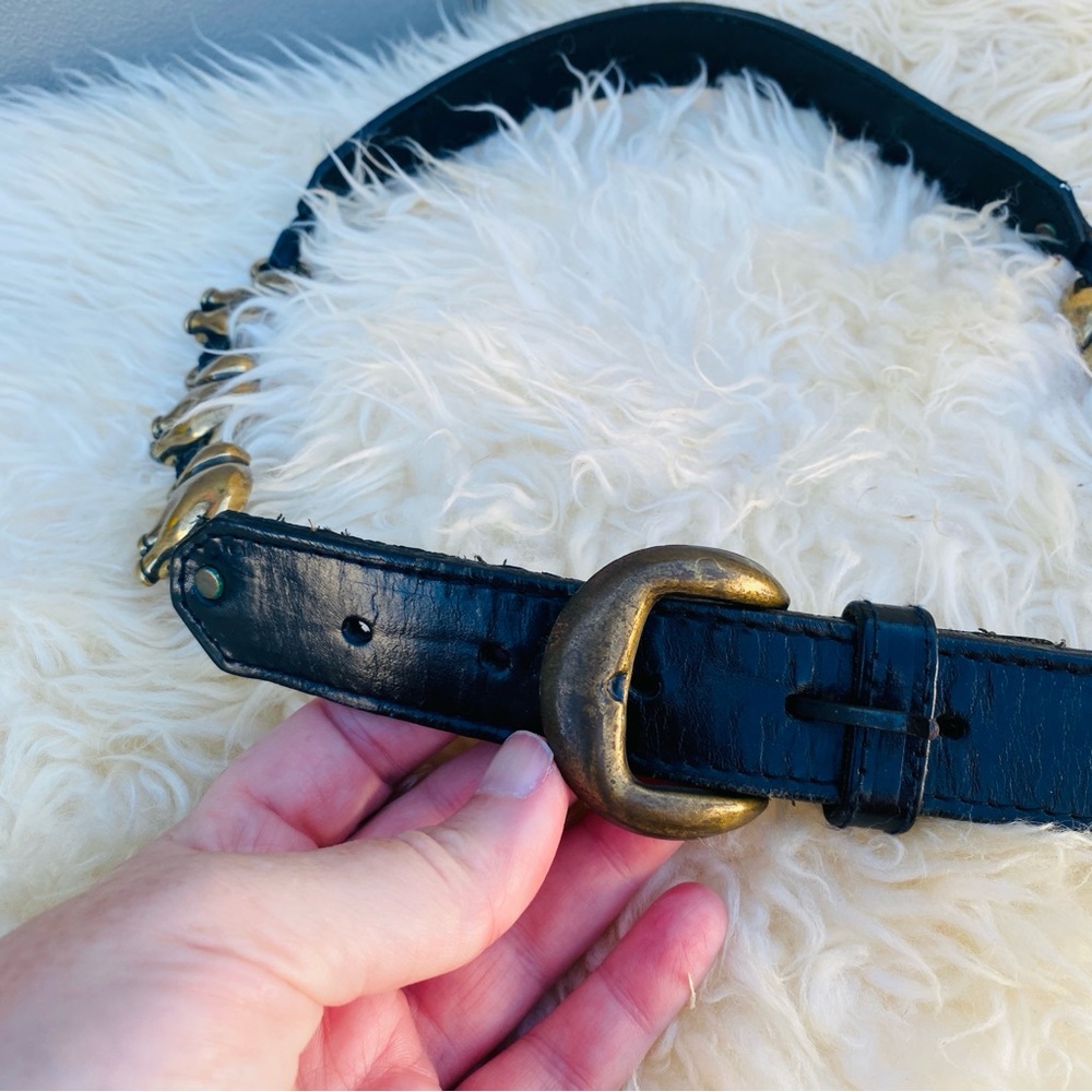 LIZ CLAIBORNE VINTAGE BLACK LEATHER elephant belt M brass 90s - Picture 2 of 3